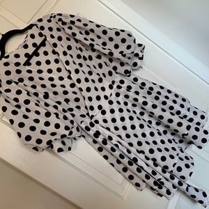 Fashion Nova Wrap Around Asymmetrical Puff Sleeve White Black Polka Dot Top